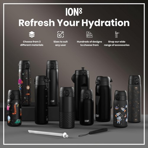 Ion8 Kids Water Bottle, Steel 400 ml/13 oz, Leak Proof, Easy to Open, Secure Lock, Dishwasher Safe, Flip Cover, Carry Handle, Easy Clean, Durable, Scratch Resistant, Raised Print, Space Travel Design