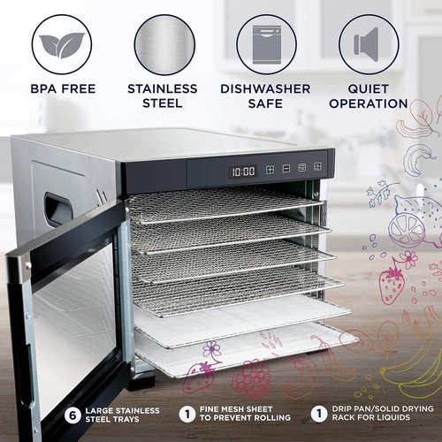Ivation 6 Tray Commercial Food Dehydrator Machine |600w, Easy Setup, Digital Adjustable Timer and Temperature Control | Dryer for Jerky, Herb, Meat, Beef, Fruit and To Dry Vegetables | Stainless Steel