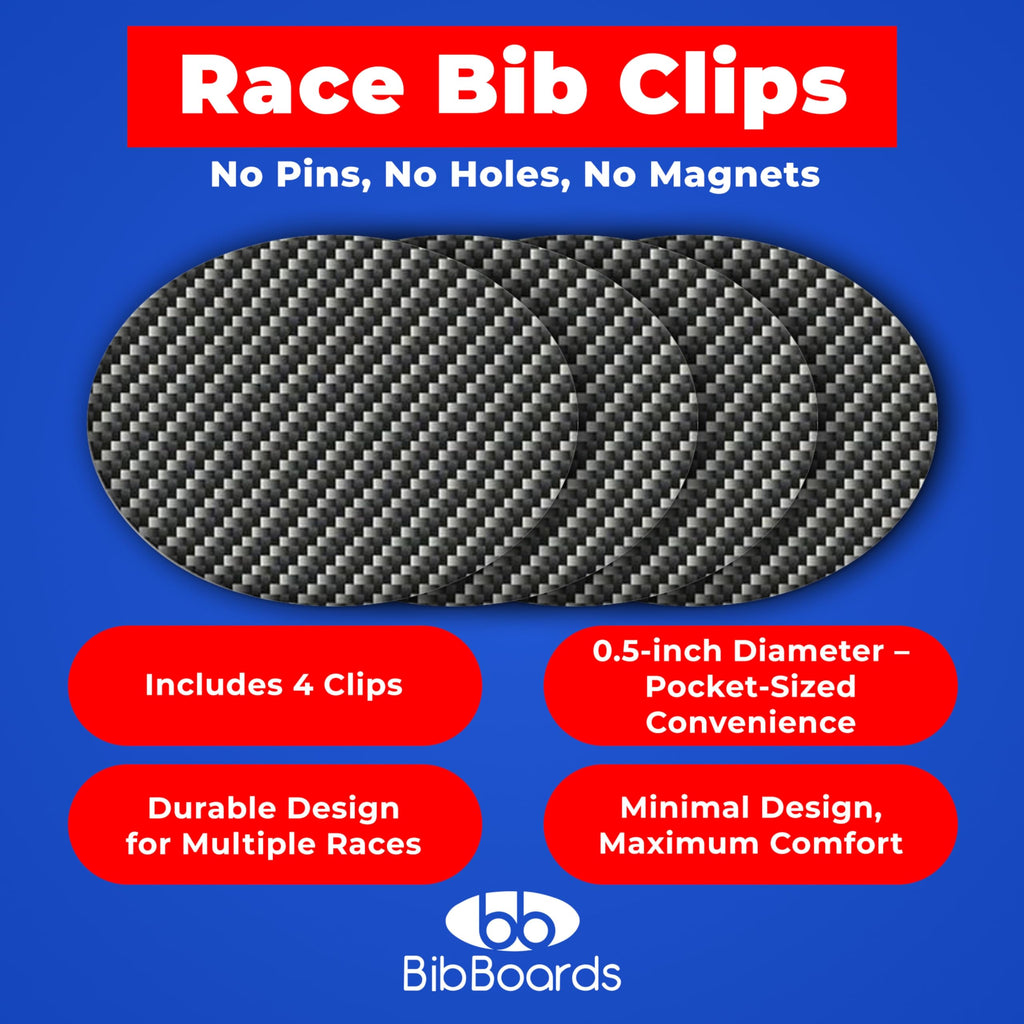 bibSNAPS Race Bib Clips - Safety Lock Fasteners - Secures Running, Marathon, Cycling and Event Number, Non Magnetic, Easy to Use, Soft & Reusable - Replacement for Pins & Magnets - Carbon Fiber (4pcs)