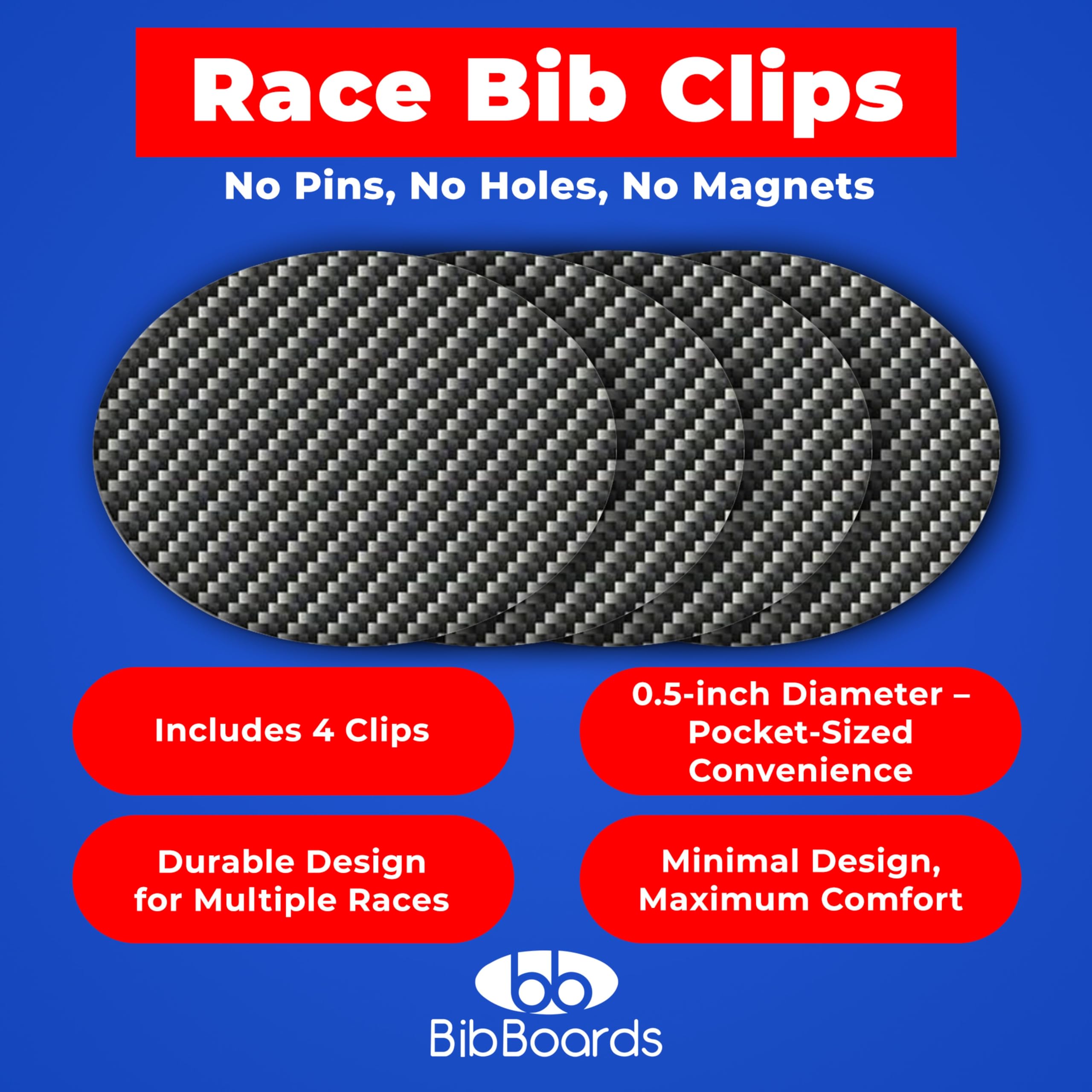 bibSNAPS Race Bib Clips - Safety Lock Fasteners - Secures Running, Marathon, Cycling and Event Number, Non Magnetic, Easy to Use, Soft & Reusable - Replacement for Pins & Magnets - Carbon Fiber (4pcs)
