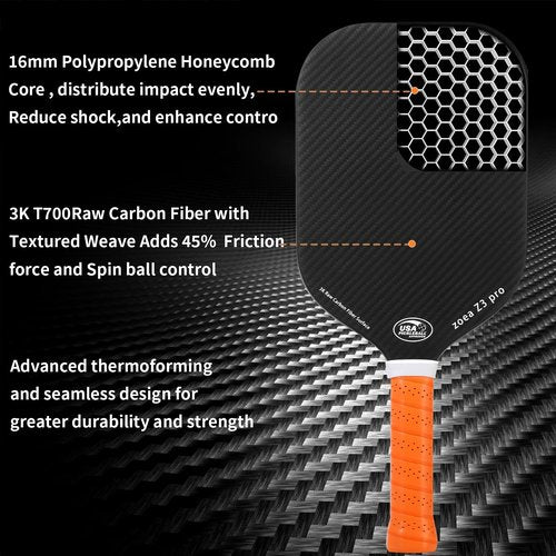 ZOEA Pickleball Paddle, USA Pickleball Approved, 16MM Polypropylene Honeycomb Core, Edgeless Style 3K Raw Carbon Fiber Surface+Carbon Abrasion Surface, Ideal for Novice and Professional Players 2PCS