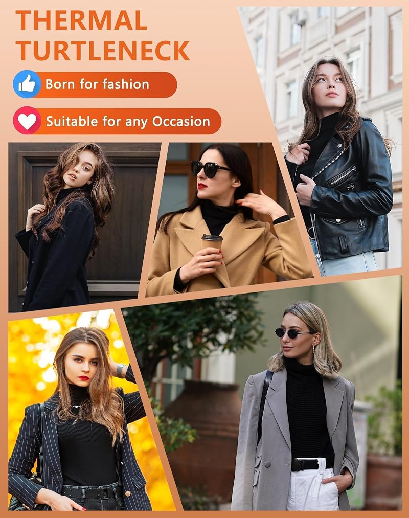 Dalavch 4-Pack Women's Fleece-Lined Thermal Turtleneck Shirts – Black, Heather Gray & White (Large)