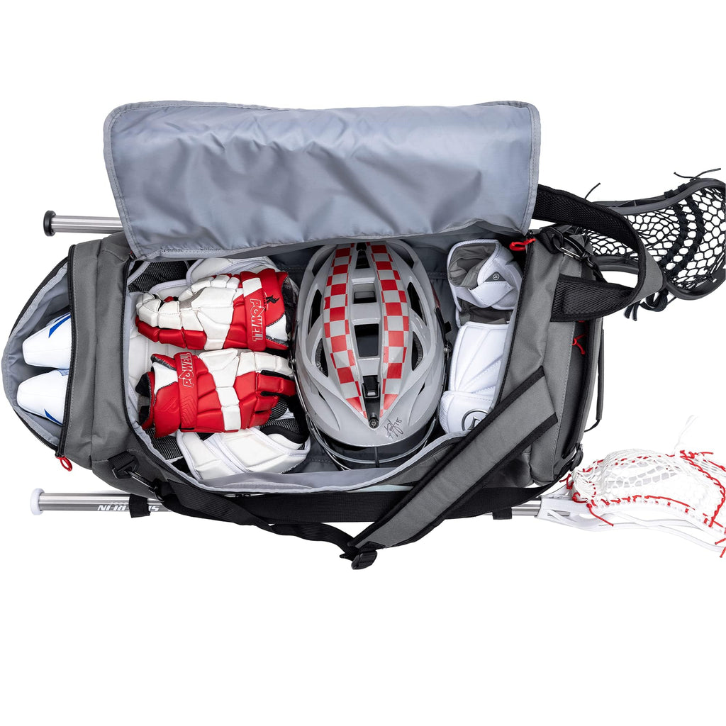 Silverfin Lacrosse Bag IMPROVED! |2 Stick Holders & Pockets for All of Your Lacrosse Equipment |Use as a Backpack or Duffel Bag| Lacrosse Gear Bag for Boys, Youth, Men With Adjustable Shoulder Straps