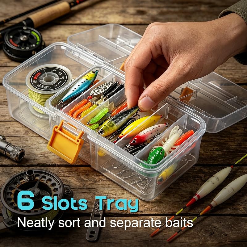 Clear 2-Layer Fishing Tackle Box Organizer with Tray and Locking Latch