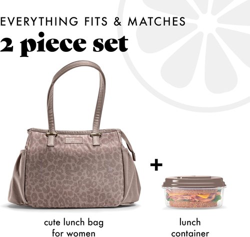 Fit & Fresh Copley Insulated Lunch Bag for Women - Lightweight, Stain-Resistant, Large Mocha Feline Fine