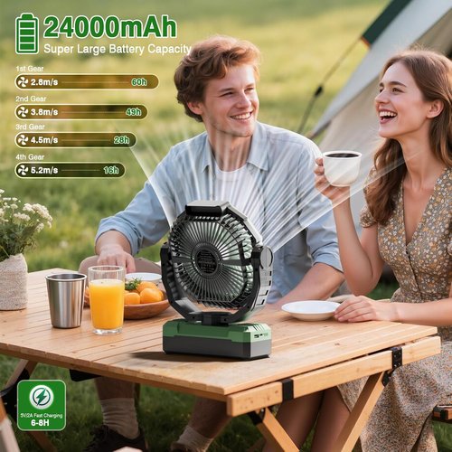 FRIZCOL 3-in-1 Camping Fan - Rechargeable Portable Fan with 24000mAh Battery, Light & Remote - Green for Outdoor Adventures