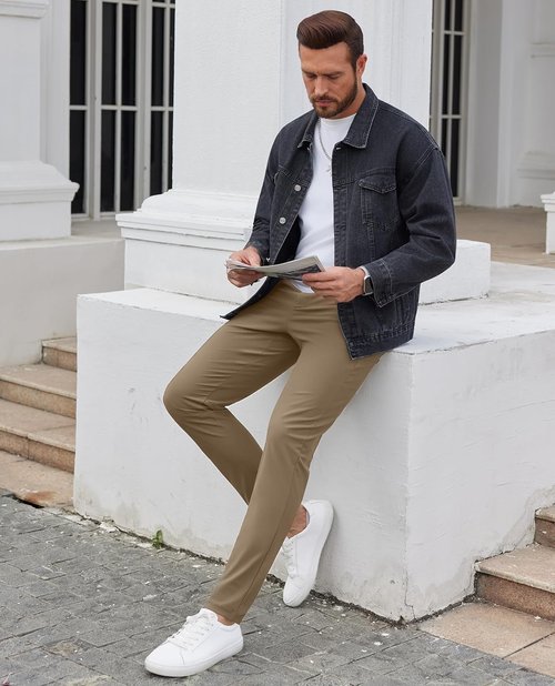 Lion Nardo Men's Slim Fit Dress Pants - Lightweight Golf & Business Casual with Hidden Elastic Waist
