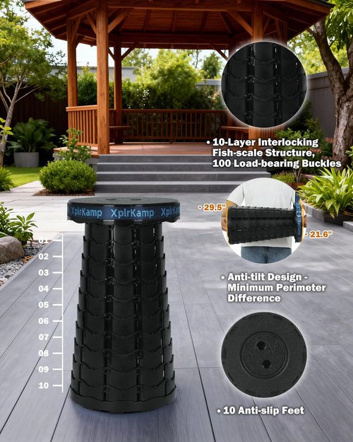 XplrKamp Folding Collapsible Stool, Upgraded Lightweight Portable Seat for Adults, Telescoping Foldable Stools with Load Capacity 400lbs for Camping, Hiking, Fishing, Outdoor/Indoor (Black, 1-Pack)