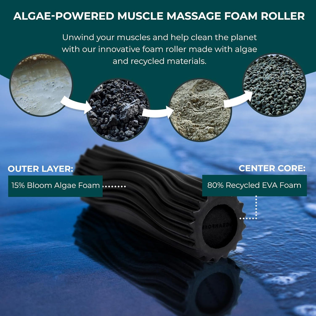 Oceanfoam Ripple Foam Roller - Firm Mini Travel Roller for Deep Tissue Massage | 11" x 3.35" - High Density, Ergonomic Design (Black)
