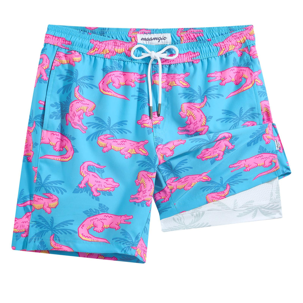 maamgic Mens Swim Trunks with Compression Liner 7 Inch Inseam Mens Bathing Suit Quick Dry Swimming Trunks Swimsuit Blue and Pink Crocodile XX-Large