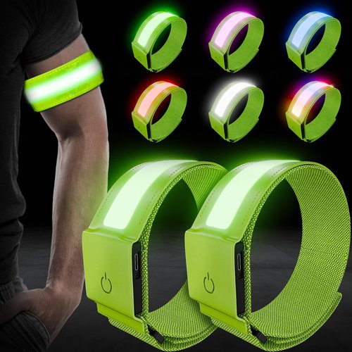Topward LED Armband 2 Pack, Light up Reflective Arm Bands Glow Bracelets, Running Lights for Runners Dog Walking - 5 Colors 11 Light Modes - Adjustable Velcro - Rechargeable