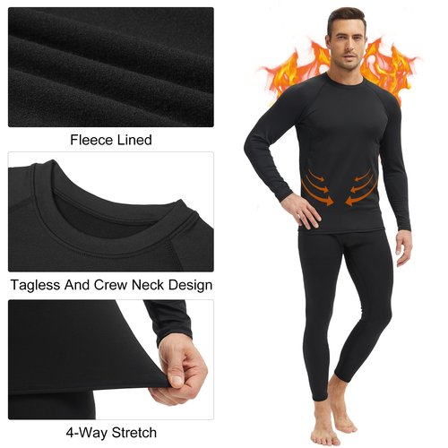 HovSiyla Men's Thermal Underwear Long Johns Fleece Lined Compression Pants Shirts Tops Athletic Base Layer Set Cold Weather Black Medium