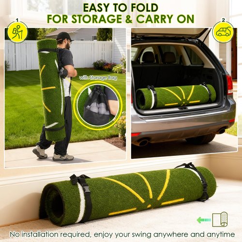 KULAMOON Golf Mat with Dual Turf, 5x4ft 26mm-45mm Thickened Golf Hitting Mat with Standing Guide-Line & Swing Path Line, Practice Mats for Indoor or Outdoor Use, Gifts for Men Dad & Golfers