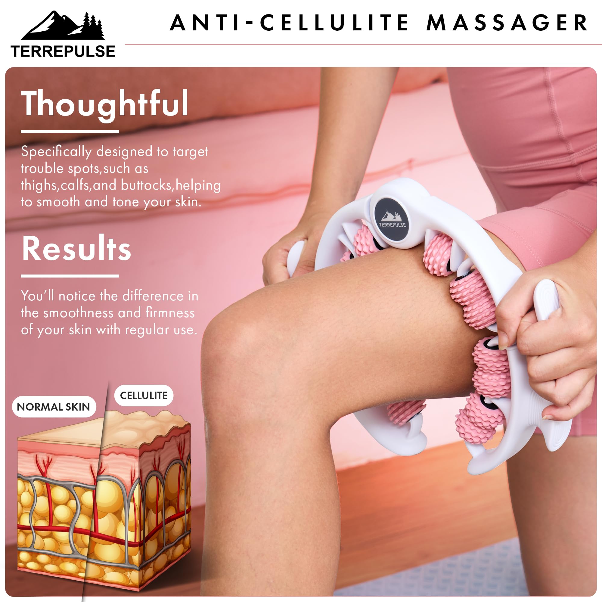 Terrepulse Anti Cellulite Roller & Lymphatic Drainage Massager | Deep Tissue Fascia Blaster & Muscle Roller | Tool for Sore Arms, Legs, Shoulders, Stomach & Buttocks (Pink)