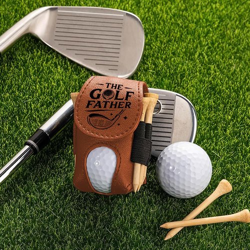 Wrappiness The Golf Father Brown Leather Golf Ball Bag - 2 Balls & 4 Tees, Magnetic Closure, Clip Attachment, Fun Gift for Golfers