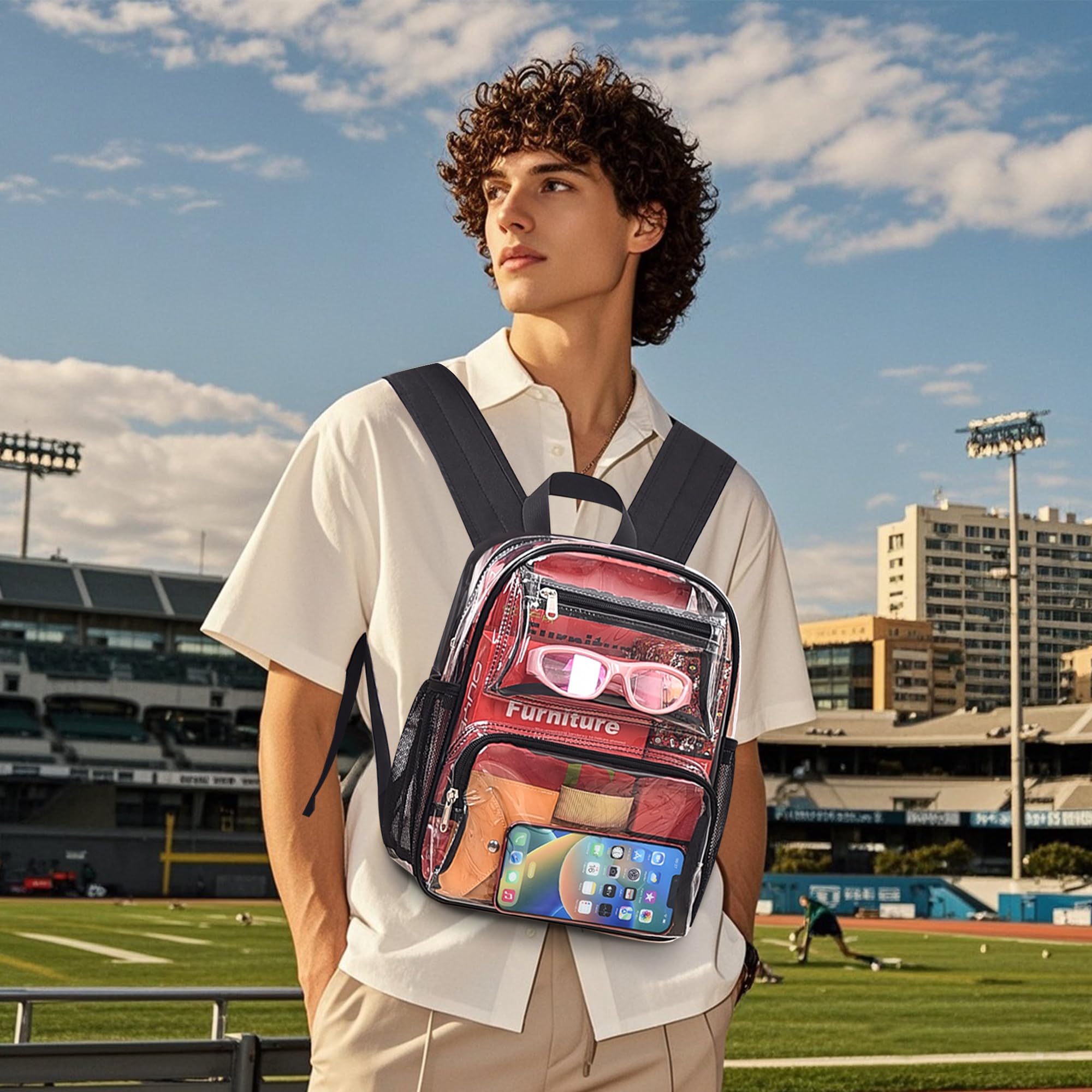 MAY TREE Clear Backpack Stadium Approved for Women and Men, Clear Bag for Stadium Events, Transparent bag for Concert Sporting Festival, Black