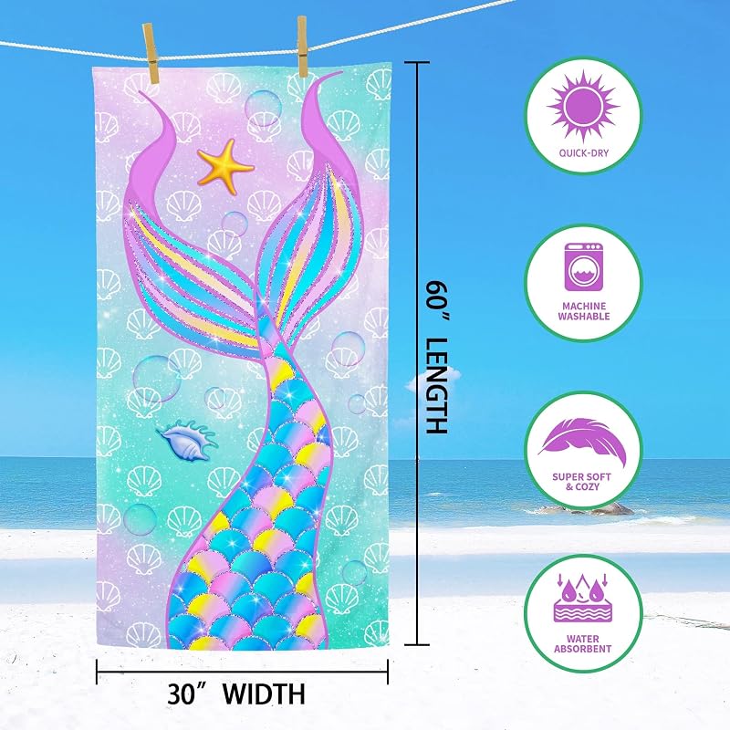 Mermaid Beach Towel for Kids 30x60 in - Mermaid Girl Print, Variation: Mermaid+30"x60"