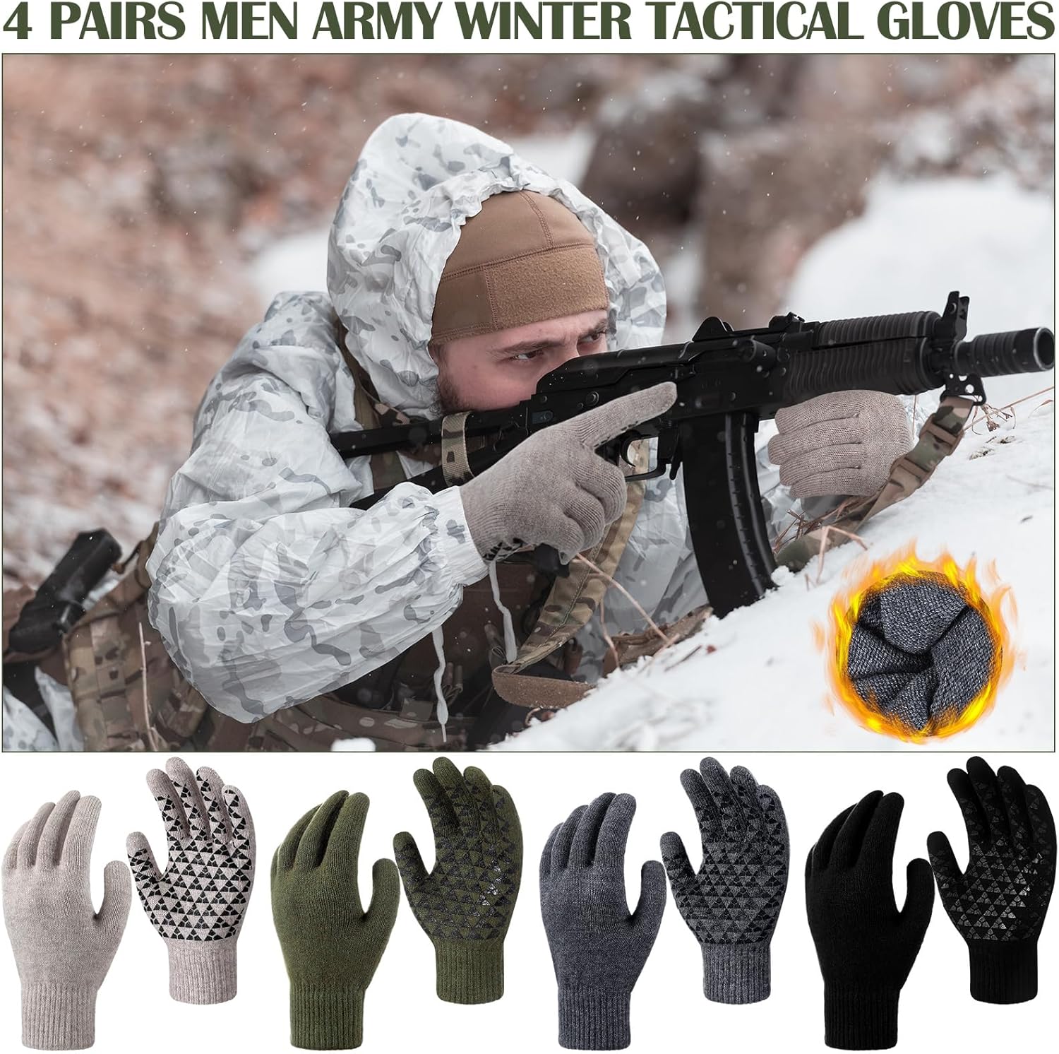 Skiennix Men's Wool Gloves - Non-Slip Grip for Cold Weather | 4 Pairs Tactical Warm Work Gloves