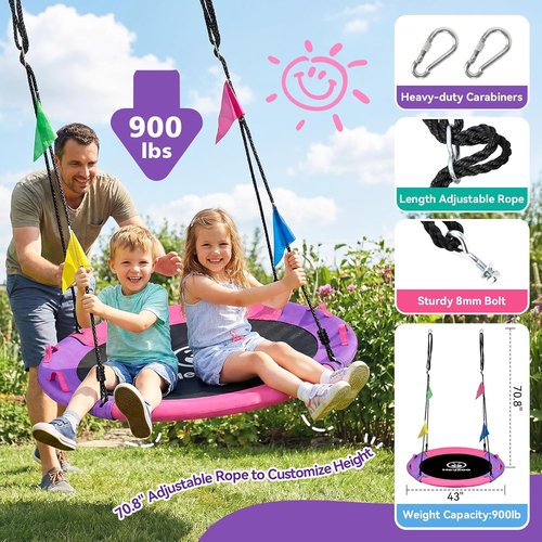 HeyZoo 43-Inch Saucer Swing - 900lbs Capacity with 360° Swivel & Adjustable Strap | Pink & Purple