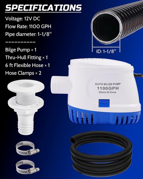 12V Automatic Boat Bilge Pump Kit - 1100GPH Electric Marine Pump with Float Switch & Hose | Ideal for Fishing Boats, Runabouts & Yachts