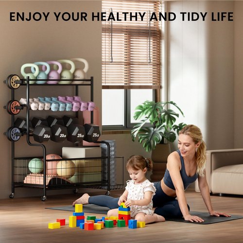 LERUJIFL Dumbbell Rack, Weight Rack for Home Gym, Weight Stand for Dumbbells Kettlebells Yoga Mat and Balls, All in One Home Gym Storage with Universal Wheels and Hooks, Workout Storage for Yoga(Metal)