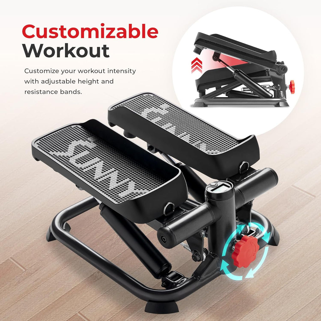 Sunny Health & Fitness Mini Stepper - Compact Home Workout Machine with Resistance Band & App Connection