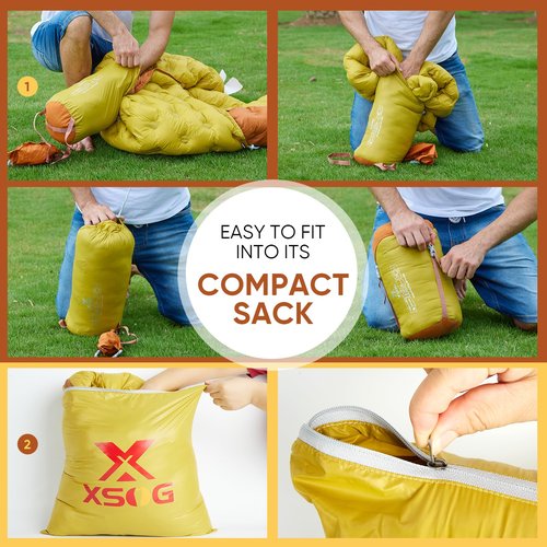Xsog Ultralight Down Sleeping Bag for Adults, 1.92lbs 32-55F 650 Fill Down, Lightweight Compact Mummy Backpacking Sleeping Bag for Outdoor Camping and Hiking, Compressible -MFH500 (Golden Palm)