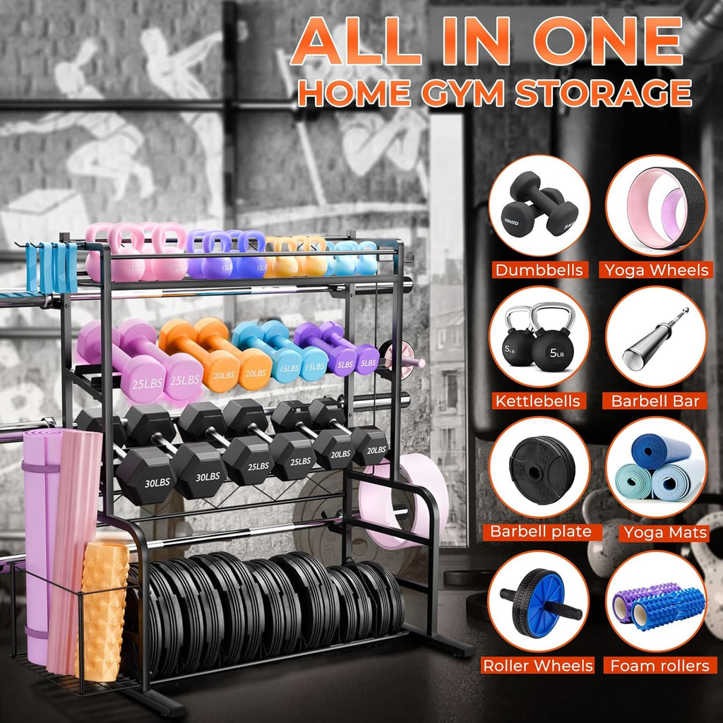 Skiennix XL Adjustable Weight Rack - Dumbbell & Barbell Storage Stand with 3 Olympic Racks | Home Gym Organizer
