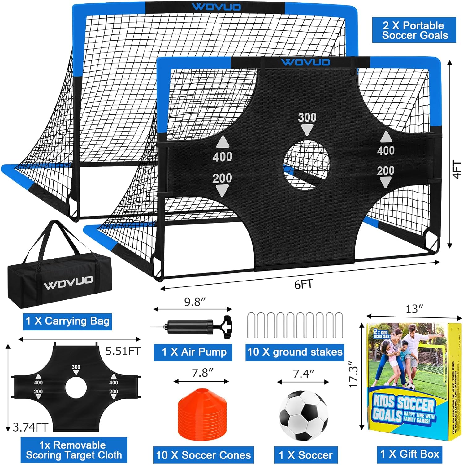 Skiennix Kids Soccer Goals - Portable 6x4 ft Training Set with Target, Ball & Cones for Ages 3-14