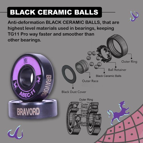 BRAVORD TG11PRO Skateboard Bearings, Black Ceramic Ball Bearings with Washers and Spacers (Pack of 8)