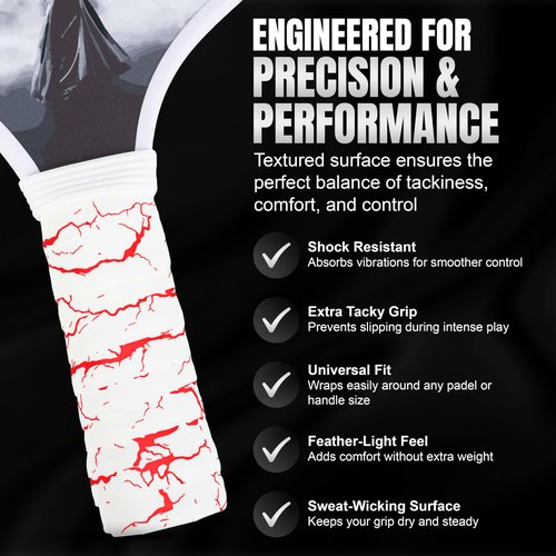 DH Mythic Replacement Grip for Pickleball & Tennis | Anti-Slip, Ultra-Durable, Sweat-Resistant Pickleball Wrap (Lightning Series, White with Red Lightning)