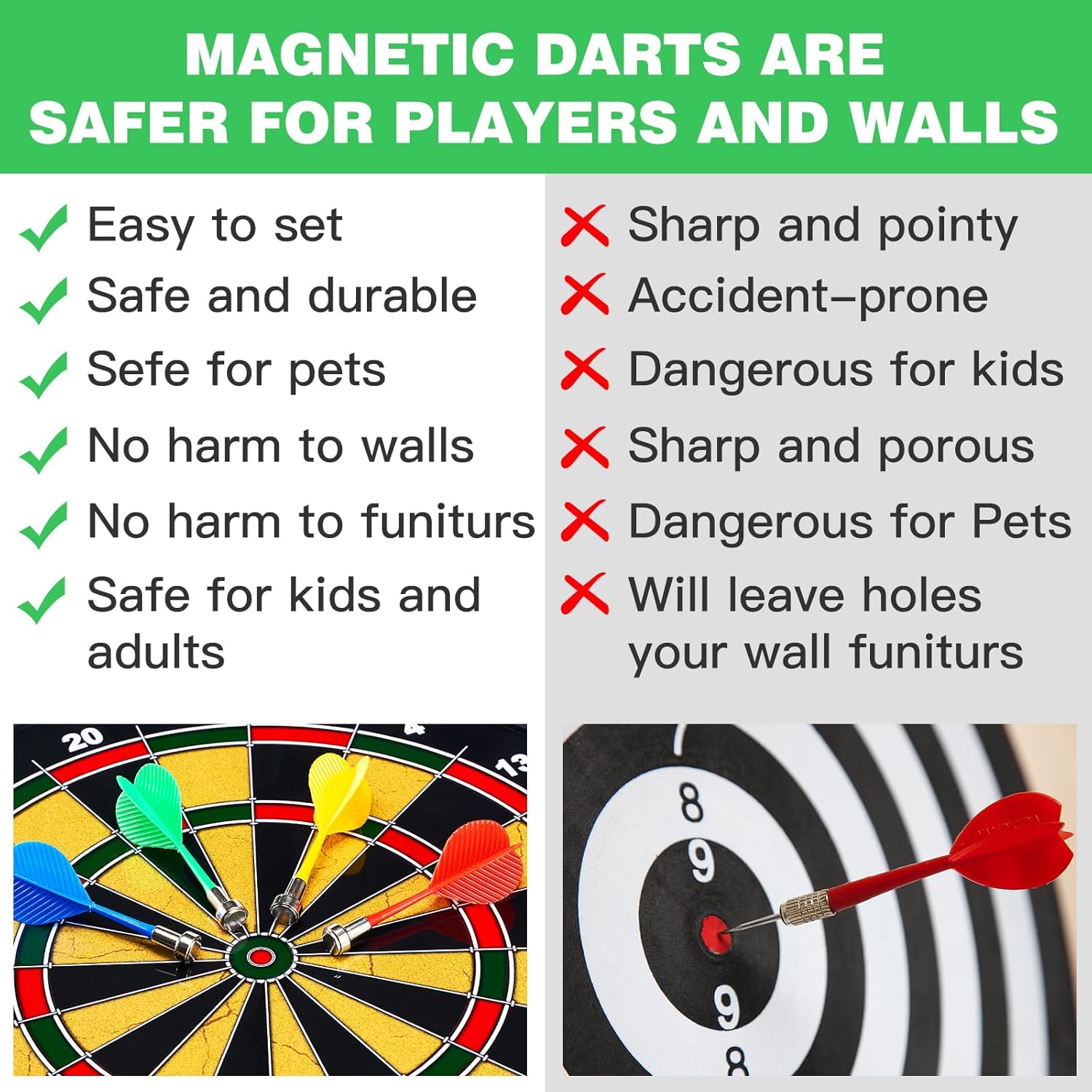 Skiennix 2-in-1 Double-Sided Magnetic Dart Board - Safe Dart Game Set for Kids & Adults | Includes 12 Darts & 12 Sticky Balls