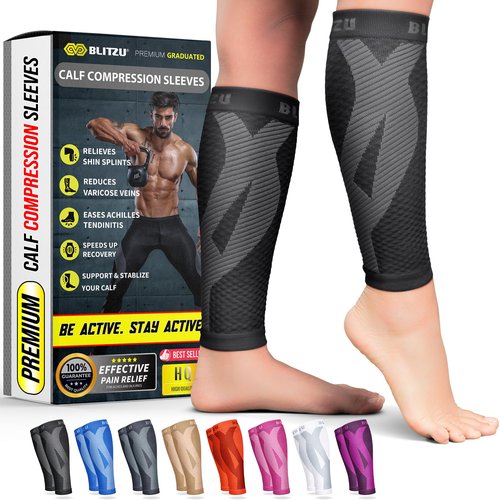 BLITZU Calf Compression Sleeve for Women and Men, Shin Splint Sleeves for Varicose Veins, Nursing, Pregnancy, Running, Footless Compression Socks Support for Calf Muscle Pain Relief Black XXL