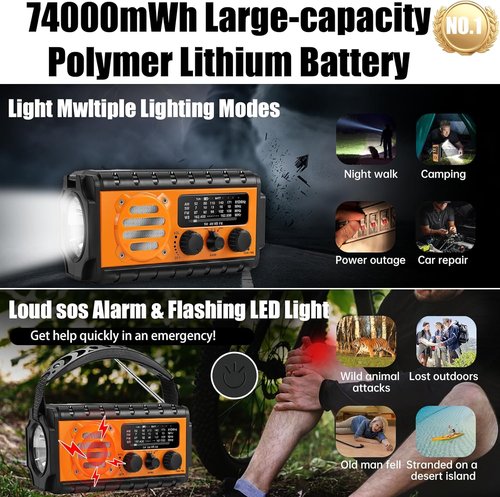 74000mWh Emergency Radio - NOAA Weather, Portable Hand Crank SW/AM/FM Survival Radio with Solar Battery & Flashlight