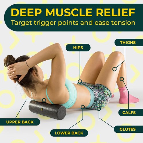Deep Recovery Yoga Foam Roller - Black Back Roller for Pain Relief | 12in x 4in Travel Size for Myofascial Release