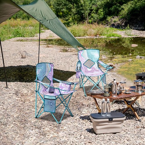 Nazhura Folding Camping Chair Set - Comfortable Mesh Backrest & Cooler Pouch | 2 Pack, Floral Design