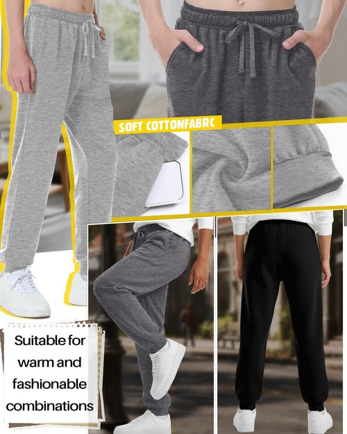 LessonZoo 3 Pack Boys Sweatpants Athletic Joggers Drawstring Lightweight Stretchy Active Straight Pants with Pockets Fall(Dark Gray, Light Gray, Black,XX-Large)