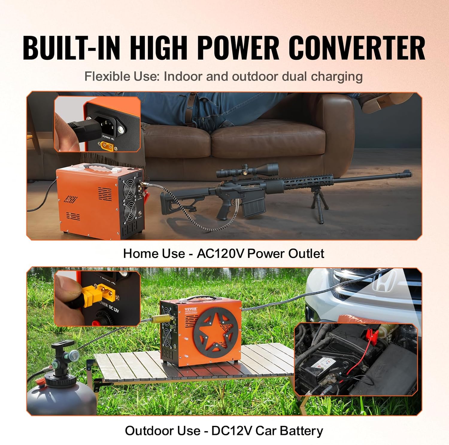 VEVOR PCP Air Compressor - 4500PSI Portable Airgun Compressor with Auto-Stop | Oil & Water-Free, DC12V/AC120V