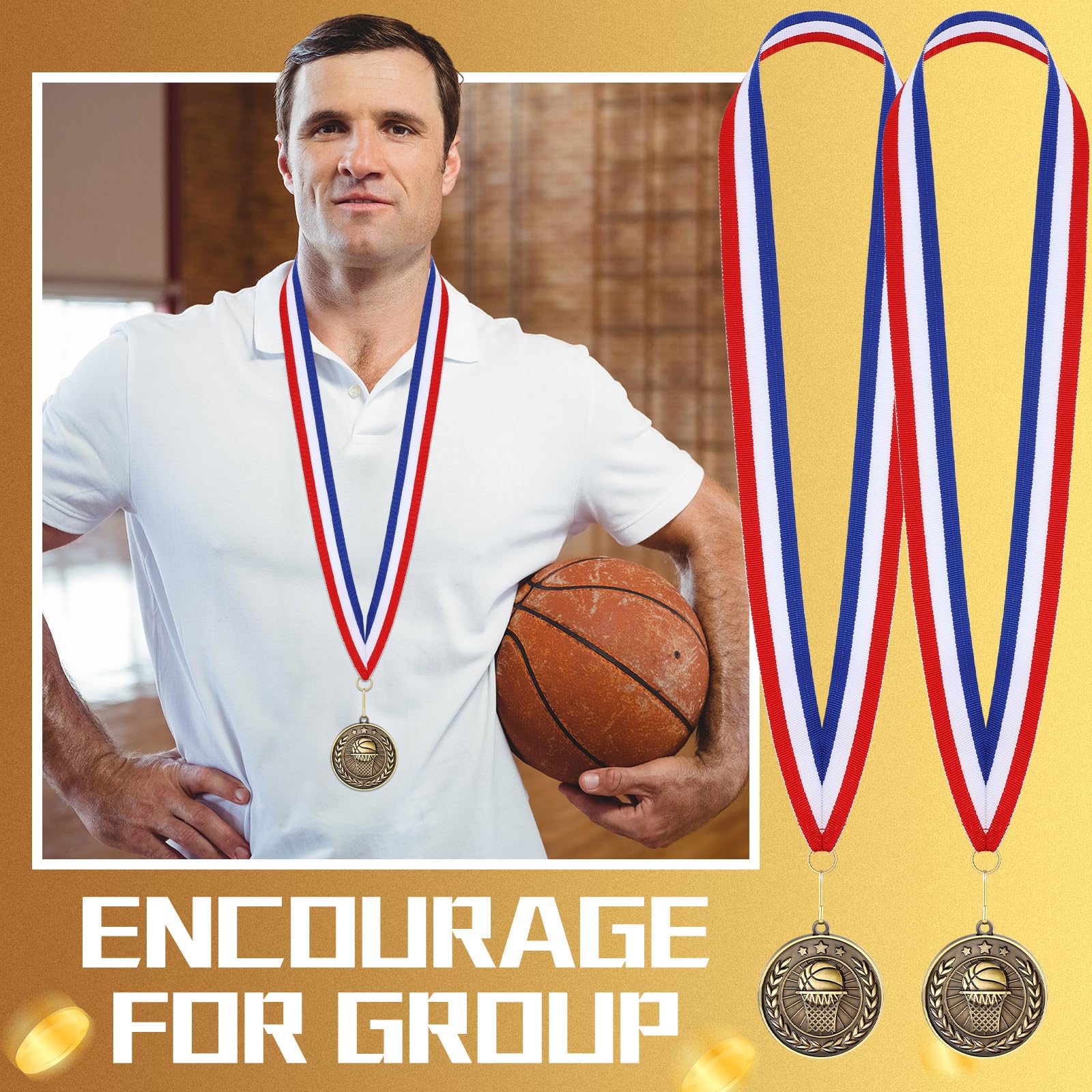 Loetere 60 Pcs Sports Award Medals Bulk 2 Inch Bronze Trophies with Neck Ribbons Football Basketball Baseball Soccer Cheerlead Winner Medal for Team Gift Sport Party Games Prize Supply(Basketball)