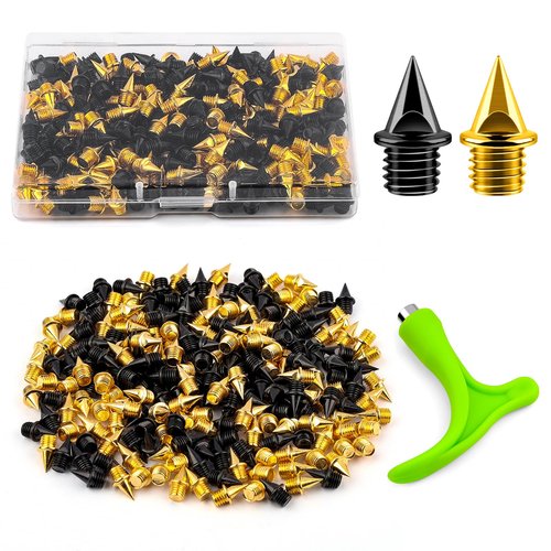 1/4 Inch Track Spikes, 220pcs Alloy Steel Track and Cross Country Spikes Golf Shoe Spikes with Spike Wrench, Replacement Spikes for Sprint Sports Short Running Track Shoes (110 Black + 110 Gold)