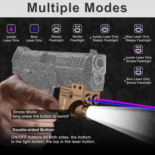 3 in 1 Purple Blue Laser Light Combo, 800 Lumens Tactical Flashlight Laser Sight, Built-in USB Rechargeable Battery, Adjustable Compact Tactical LED Light Laser Beams for Handguns with a Rail