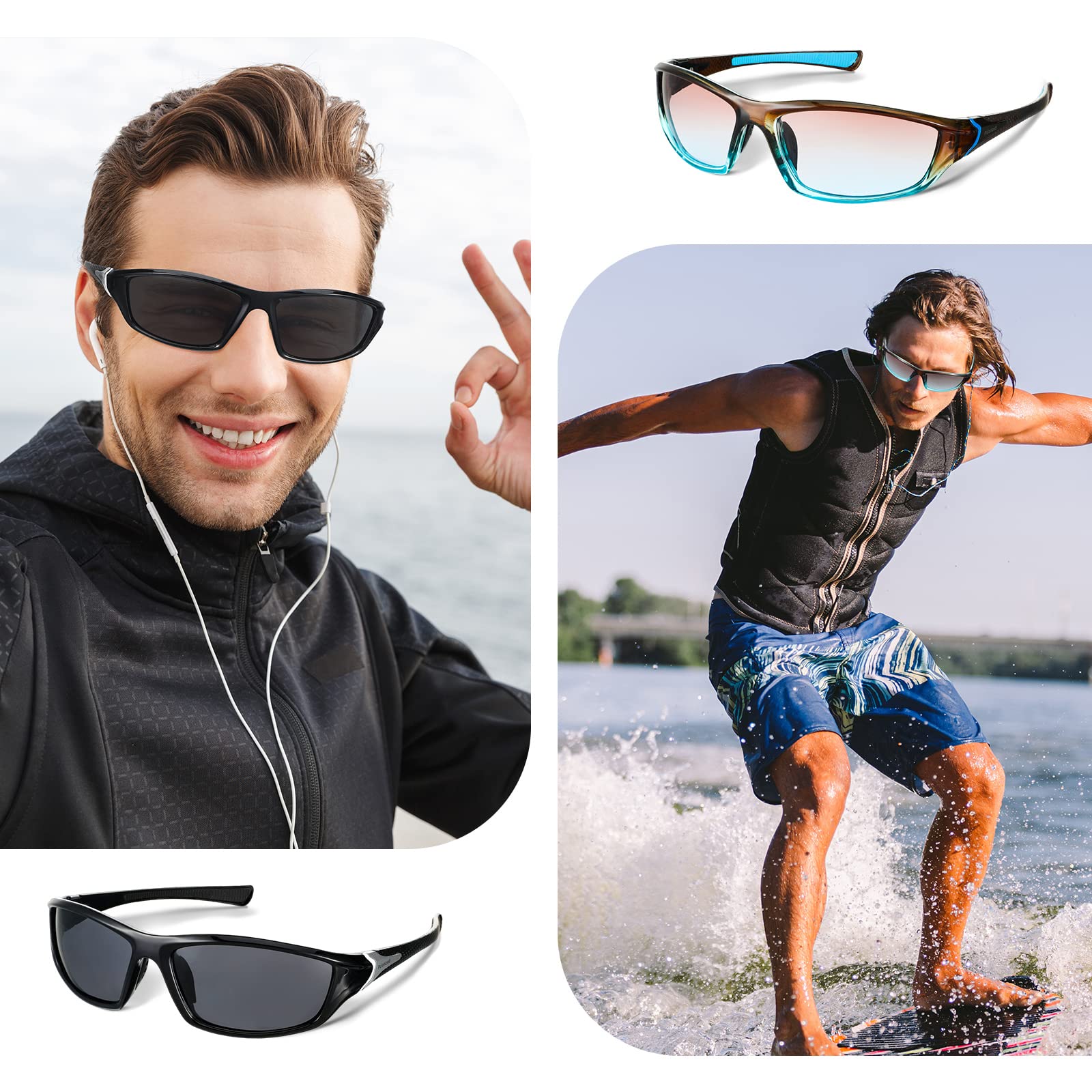 Cindeer 6 Pairs Men's Polarized Sunglasses UV Protection Wrap Around Sports Sunglasses for Hiking Fishing Driving(Cool Colors)