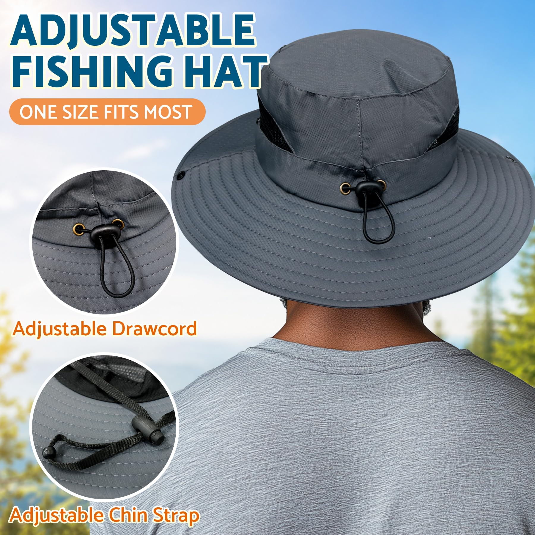 PFFY Sun Hats for Men Women Wide Brim Bucket Hat UPF 50+ Outdoor Beach Hiking Fishing Hat Darkgrey