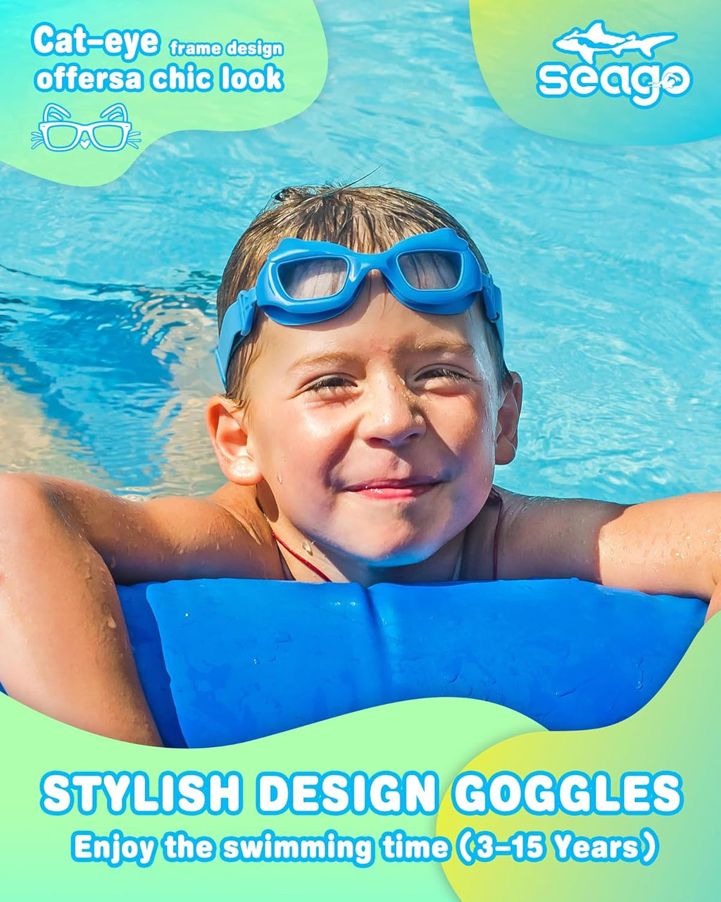 Seago Kids Swim Goggles - Cat-Shaped, Anti-Fog, UV Protection | 2 Pack with Fabric Strap for Ages 3-15