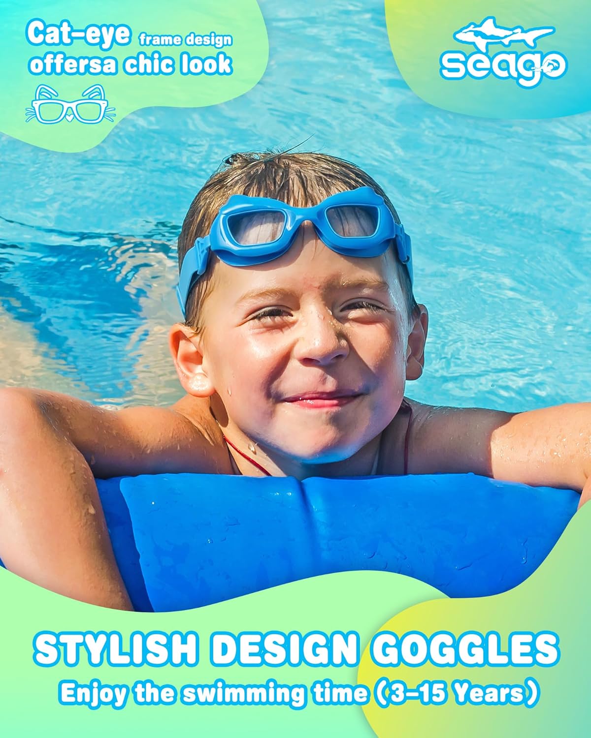 Seago Kids Swim Goggles - Cat-Shaped, Anti-Fog, UV Protection | 2 Pack with Fabric Strap for Ages 3-15