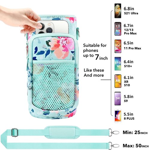 Half Gallon Water Bottle Carrier Bag, Bottle Pouch Phone Holder, Adjustable Shoulder Hand Strap 2 Pocket Sling Neoprene Sleeve Sports Water Jug Accessories for Hiking Travelling &Camping
