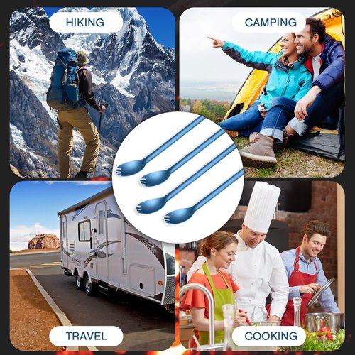 Kritkin 4 Pieces Titanium Long Handle Spork and Spoon Ultralight Portabale Flatware 8.7 Inch Soup Spoon Camping Spork for Outdoor Camping Backpacking Hiking Travel Picnic Tableware (Blue)