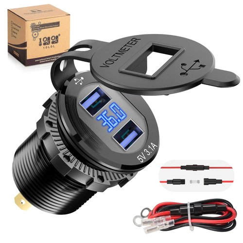 10L0L Golf Cart Quick Charge 3.0 Dual USB Outlet Fast Charger Socket for Yamaha Club Car EZGO Car Boat Marine RV ATV Truck, Metal Shell Safe Charging Socket with LED Digital Voltage Meter (12-48V)