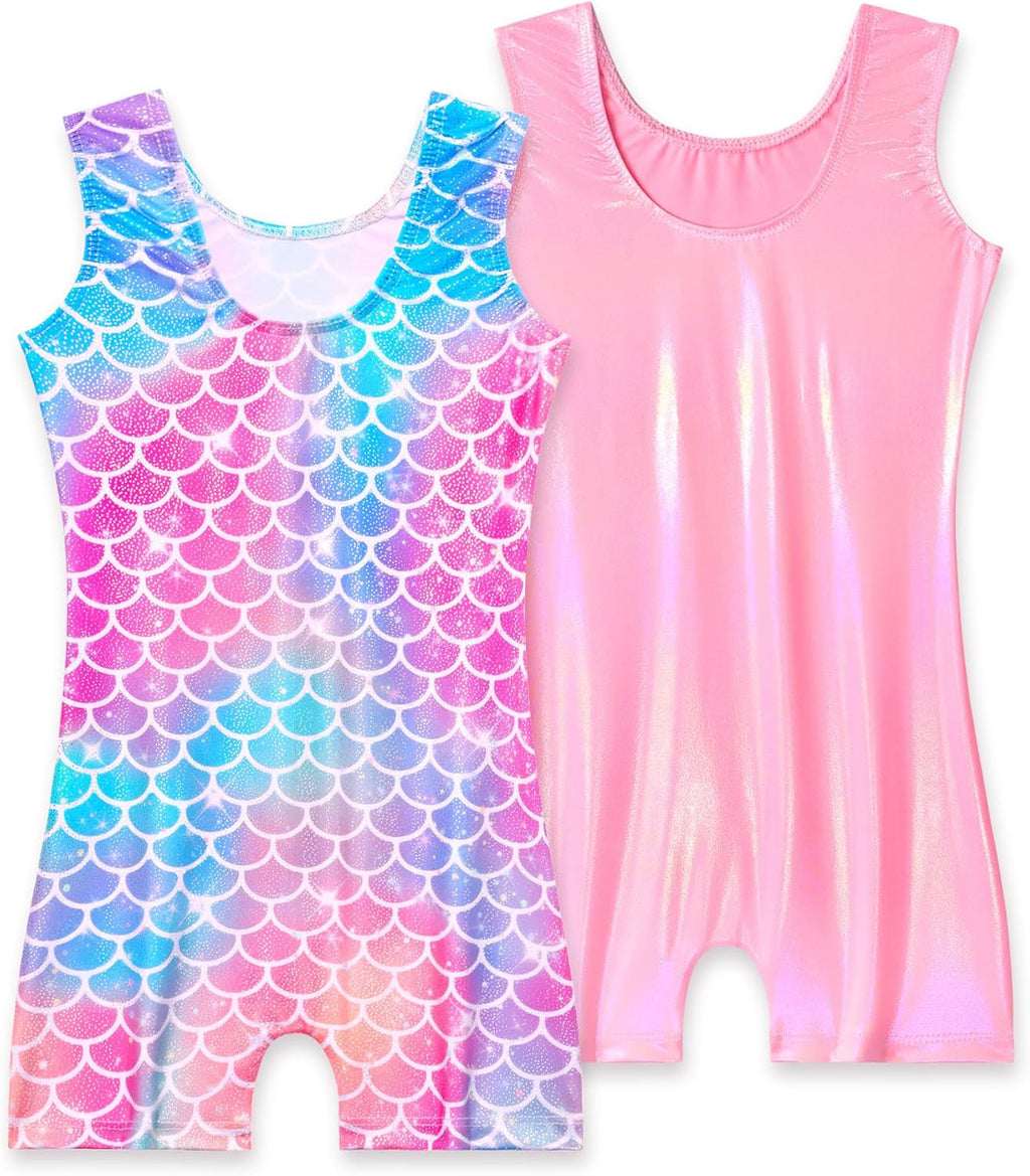 Skiennix Girls' Sparkly Gymnastics Leotard - 2 Pack Sleeveless Unitards with Shorts