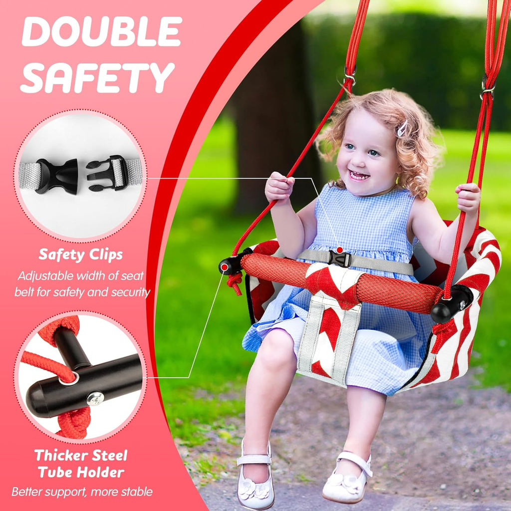 Skiennix Toddler Swing - Comfy Indoor/Outdoor Baby Swing Seat with Safety Harness & Quick Lock System (Red)